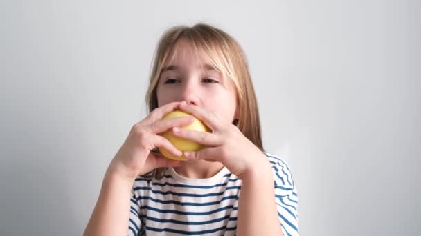 Little Girl Fair Hair Eating Juicy Pear Childrens Breakfast Kitchen — Stock Video