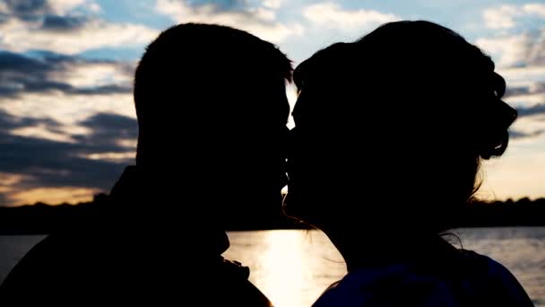 Κοντινές Σιλουέτες Ζευγαριών Ερωτευμένων Που Φιλιούνται Ηλιοβασίλεμα Απολαμβάνοντας Τις Διακοπές — Αρχείο Βίντεο