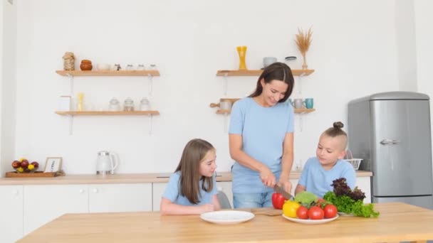 Une Jeune Mère Avec Des Enfants Prépare Petit Déjeuner Bonne — Video