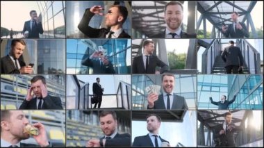Bir kişinin hayatı, işi, kolajı ve çeşitli video çerçeveleri hakkında kolaj. Farklı ekranlarda düzenleniyor. İş konsepti