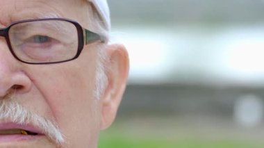 Gözlüklü yaşlı büyükbabanın portresi, metin reklamı için. Gri saçlı emekli kapatılıyor.