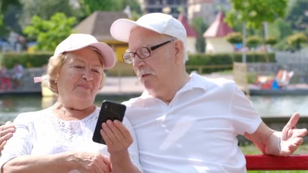 アメリカの退職者は スマートフォンを使用して公園でリラックスして楽しんでいます 幸せな祖父母 — ストック動画