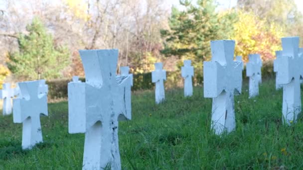 墓地在夏天 许多白色的坟墓在绿草中 丧葬服务 — 图库视频影像