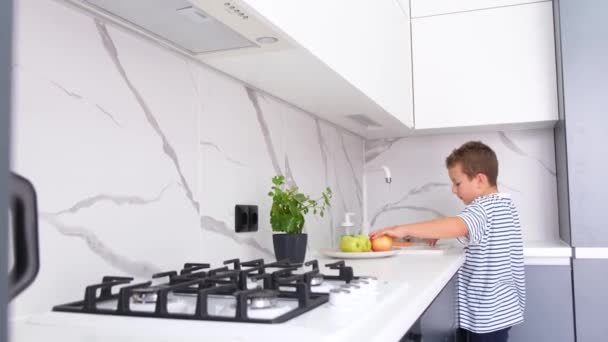 Niño Lindo Colegial Lava Fruta Fregadero Cocina Moderna Colores Blancos — Vídeos de Stock