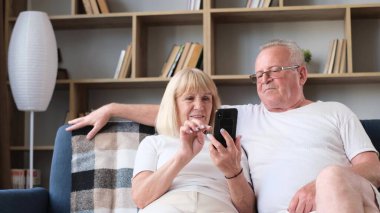 A happy elderly married couple is sitting in the living room and chatting online with their relatives and children. Modern means of communication