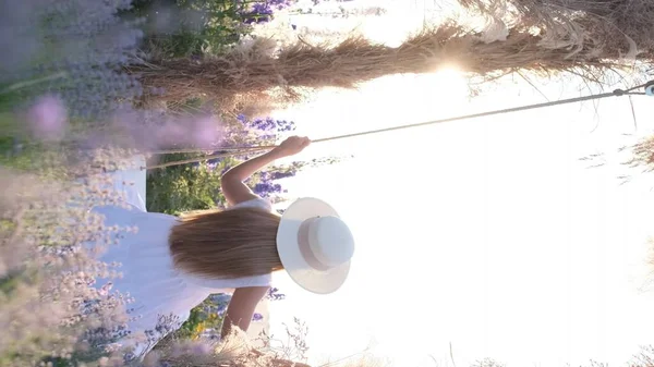 Вертикальное Видео Женщины Катающейся Качелях Закате Летняя Природа Красивые Фиолетовые — стоковое фото