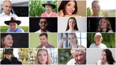 Videodaki farklı ırkların kolajı, bir çerçevede gülümsüyorlar, insan portreleri kolajı. Çerçevede çok ırklı gençler.