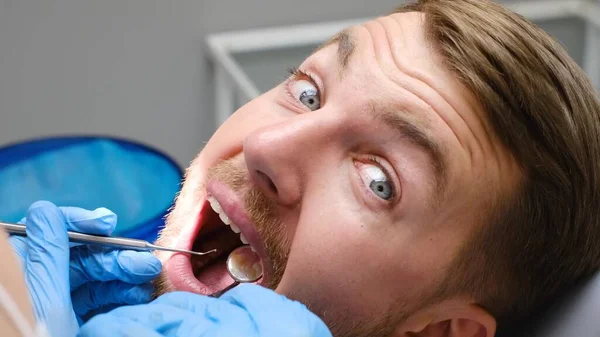 Frightened Patient Dental Treatment Patients Head Close Timely Dental Treatment — Foto de Stock