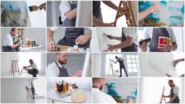 Video Collage Artista Talento Che Lavora Dipinto Astratto Usando Pennello — Foto Stock