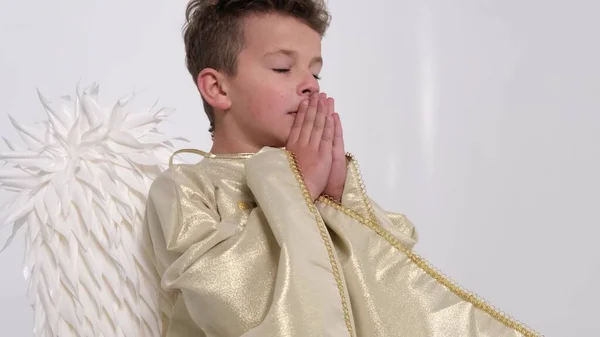 Little boy praying to God, he is dressed in an angel costume, on a white background in the studio