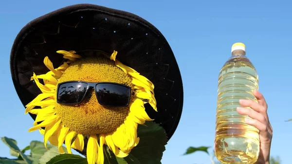 Creative advertising of sunflower oil, sunflower flower in sunglasses, a bottle of freshly squeezed oil. Sunflower oil