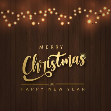 Mutlu Noeller ve mutlu yeni yıl kartları. Tahta arka planda Noel çelenkleri var. Vektör.