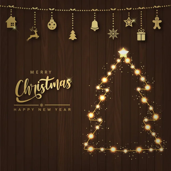 Felice Anno Nuovo Buon Natale Con Illuminazione Albero Natale Ornamenti — Vettoriale Stock