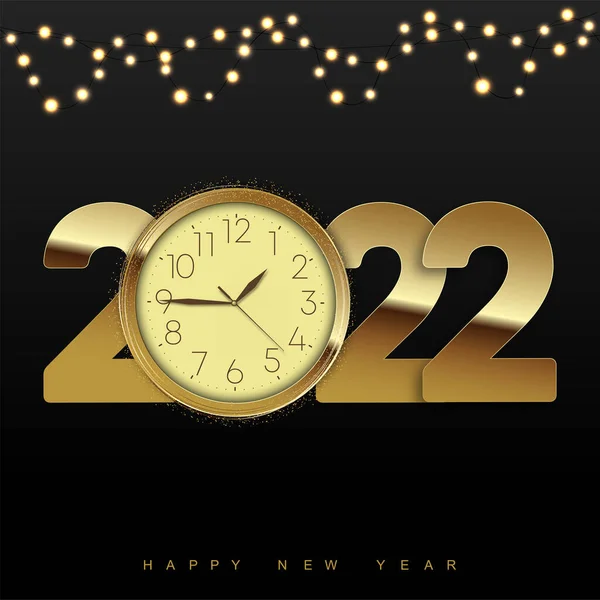 2022 Szczęśliwego Nowego Roku Złotym Zegarem Girlandami Wektor — Wektor stockowy