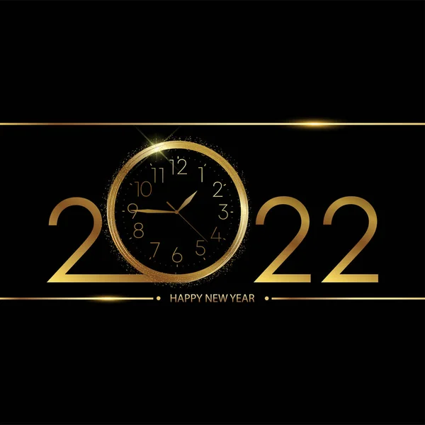 2022 Mutlu Yıllar kartı ve siyah arka planda altın saat. Vektör.