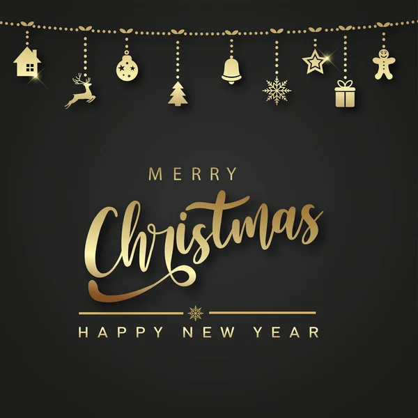 Buon Natale Felice Anno Nuovo Biglietto Con Appeso Ornamenti Oro — Vettoriale Stock