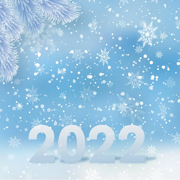 Mavi gökyüzüne kar taneleri düşen 2022 mutlu yıllar kartı. Vektör.