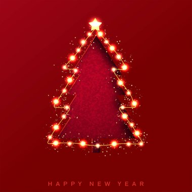 2022 Mutlu Yıllar kırmızı kâğıdı, içinde çam ağacı olan bir kart. Vektör