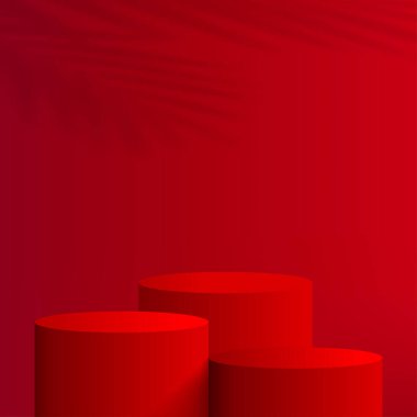 Kırmızı renkli geometrik üç boyutlu podyumlarla soyut arkaplan. Vektör illüstrasyonu