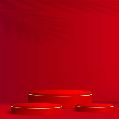 Kırmızı renkli geometrik üç boyutlu podyumlarla soyut arkaplan. Vektör illüstrasyonu