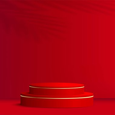 Kırmızı renkli geometrik üç boyutlu podyumlarla soyut arkaplan. Vektör illüstrasyonu