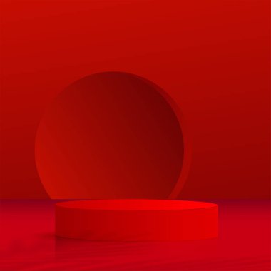 Kırmızı renkli geometrik üç boyutlu podyumlarla soyut arkaplan. Vektör illüstrasyonu.