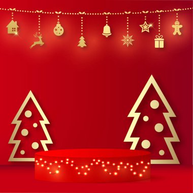 Kırmızı podyum ve altın çam ağacıyla mutlu yıllar. Vektör.