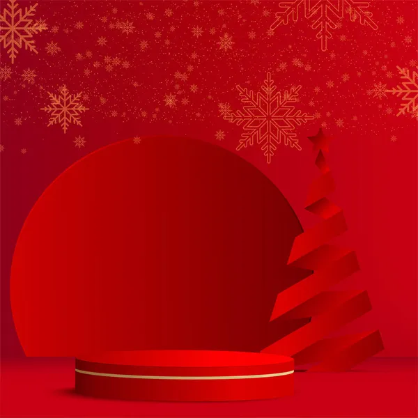 Frohes Neues Jahr Hintergrund Mit Rotem Podium Und Papier Kiefer — Stockvektor