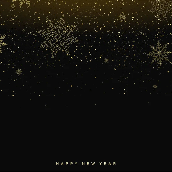 Joyeux Noël et bonne année bannière avec des flocons de neige dorés tombant sur fond noir. Vecteur. — Image vectorielle