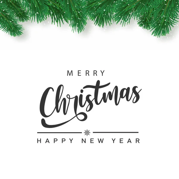 Natale e felice anno nuovo rami d'albero bordo con scritte a mano. Vettore. — Vettoriale Stock