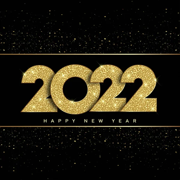 2022 Gelukkig Nieuwjaarskaart Met Gouden Glittertekst Zwarte Achtergrond Vector — Stockvector