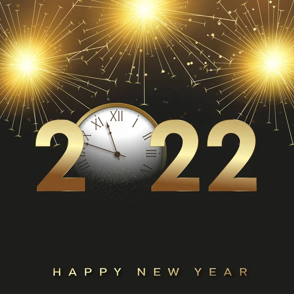 Feliz Ano Novo 2022 Cartão Com Texto Dourado Relógio Ilustração — Vetor de Stock