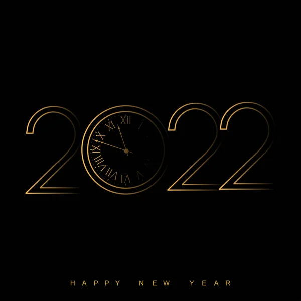 Glad 2022 Nyårskort Med Gyllene Klocka Och Siffror Svart Bakgrund — Stock vektor