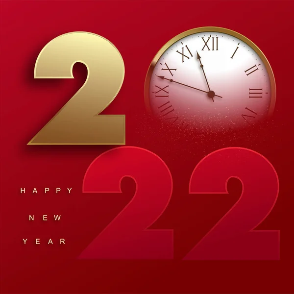 Щасливі 2022 Новорічна Листівка Золотим Годинником Номерами Червоному Тлі Векторні — стоковий вектор