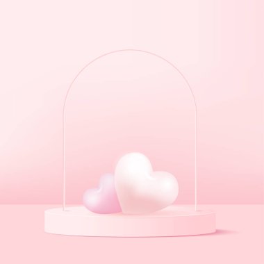 Concept of love and Valentine day with 3d pink heart and podium. Vector.