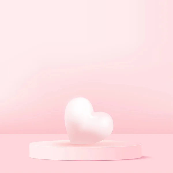 Concept of love and Valentine day with 3d pink heart and podium. Vector. — Stock vektor