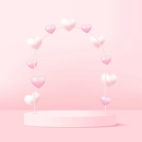 3Dピンクのハートと表彰台と愛とバレンタインデーの概念。ベクトル. — ストックベクタ