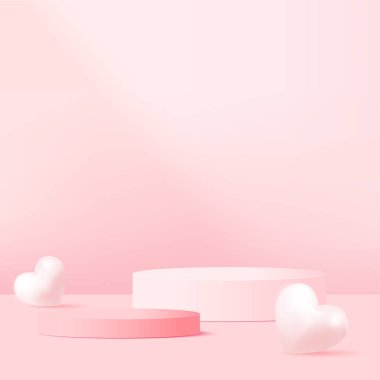 Concept of love and Valentine day with 3d pink heart and podium. Vector
