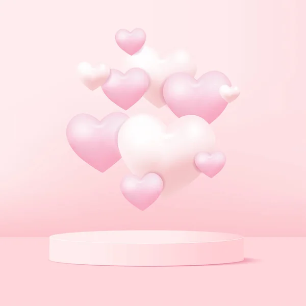 Concept of love and Valentine day with 3d pink heart and podium. Vector — Archivo Imágenes Vectoriales