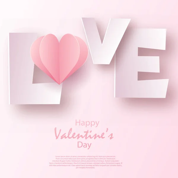 Concept of love and Valentine day with 3d pink heart and love text. Vector —  Vetores de Stock