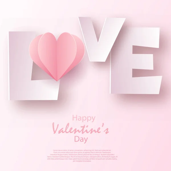 Concept of love and Valentine day with 3d pink heart and love text. Vector — Vetor de Stock