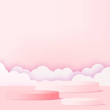 Concept of love and Valentine day with pink podium and flying clouds. Vector illustration
