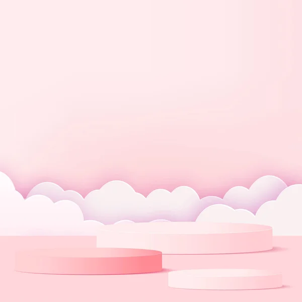 Concept Love Valentine Day Pink Podium Flying Clouds Vector Illustration — 图库矢量图片