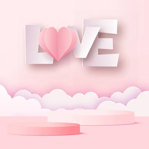 Concept Love Valentine Day Pink Podium Flying Clouds Vector Illustration — Stock vektor