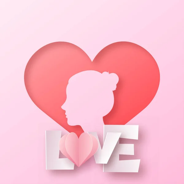 Concept Valentine Day Card Paper Cut Woman Face Heart Vector — Stockvector