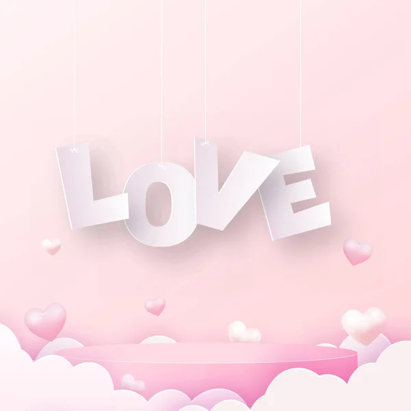 Concept Amour Saint Valentin Avec Podium Rose Nuages Volants Illustration — Image vectorielle