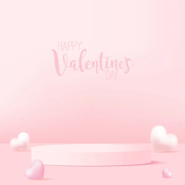 Έννοια της αγάπης και Ημέρα του Αγίου Βαλεντίνου με ροζ βάθρο και 3d καρδιές. Εικονογράφηση διανύσματος. — Διανυσματικό Αρχείο
