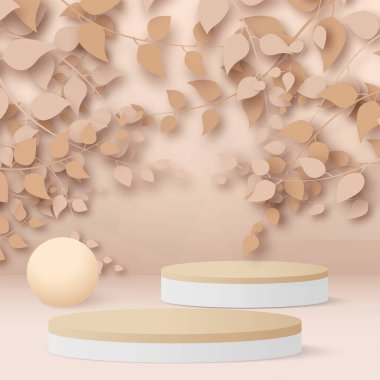 Dalları, yaprakları ve podyumu olan soyut bir arka plan. Vektör.