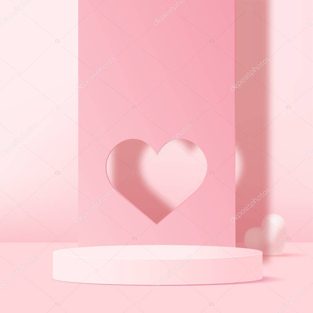 Concept of love and Valentine day with pink podium and 3d hearts. Vector illustration