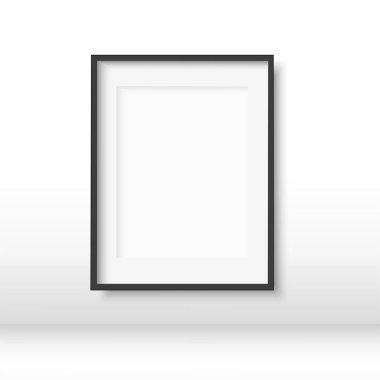 Duvarda gerçekçi siyah bir poster çerçevesi var. Model yap. Vektör illüstrasyonu